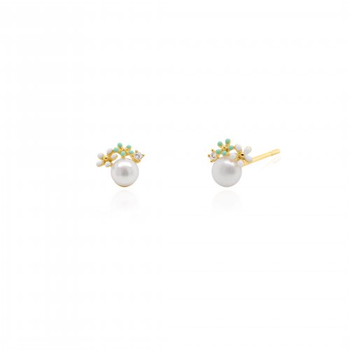 Turquoise Daisy Pearl Studs // 14k Gold Vermeil + CZ