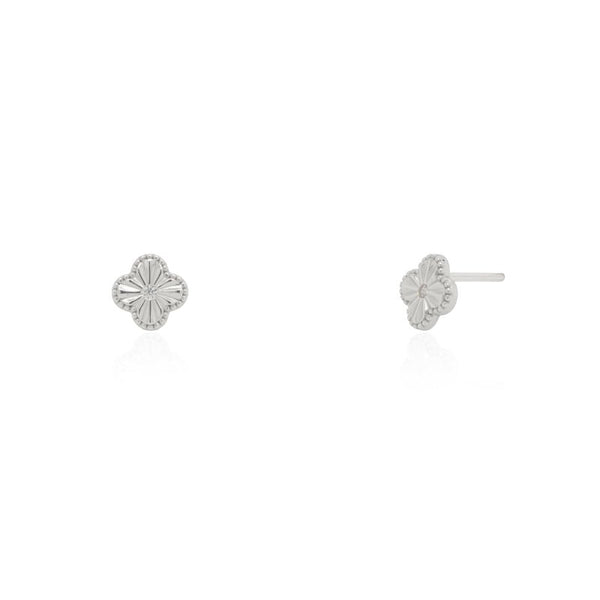 Pair of silver clover earrings on a white background