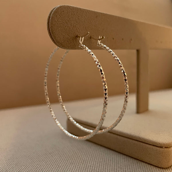 Silver hoop earring on a beige stand against a neutral background