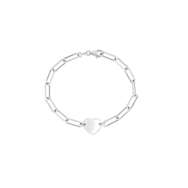 Silver bracelet with a heart-shaped tag on a white background