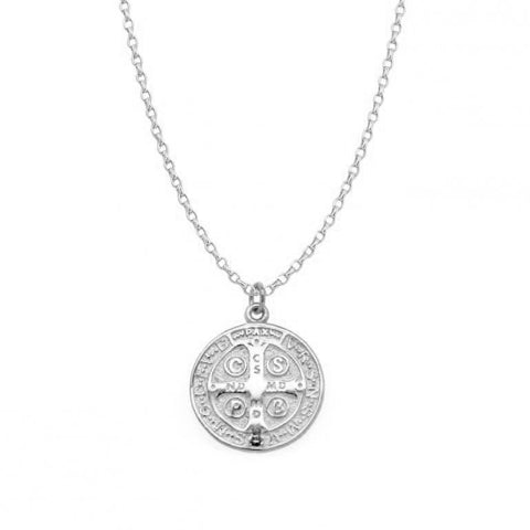 Silver necklace with a round pendant on a white background
