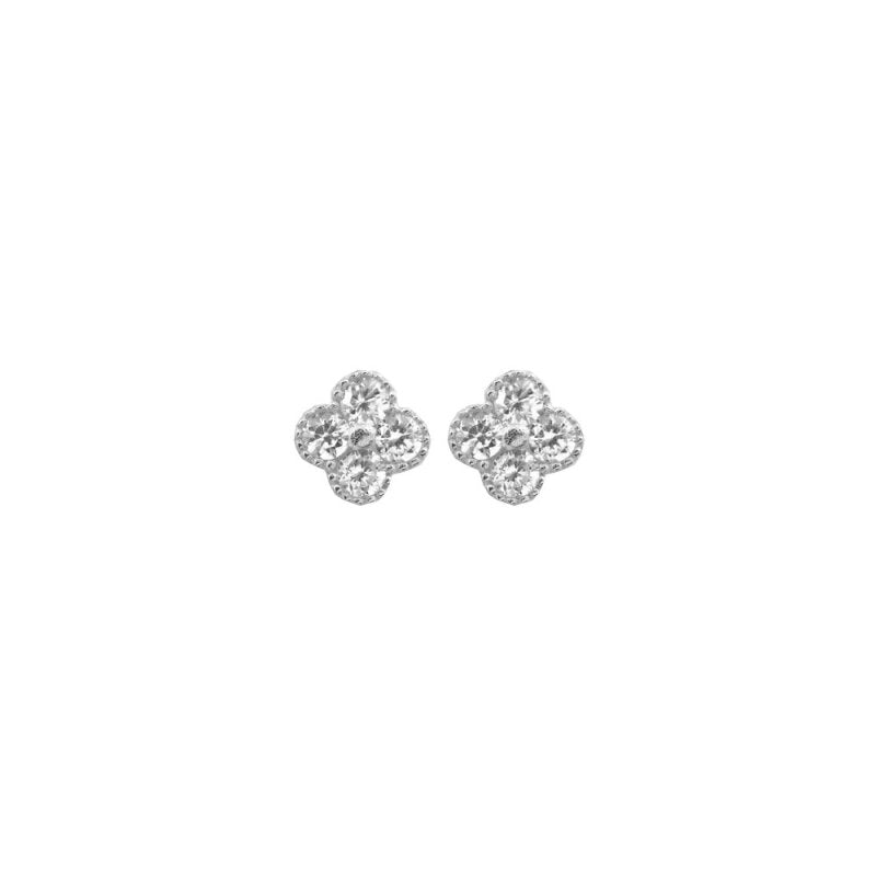 Pair of silver clover-shaped earrings on a white background