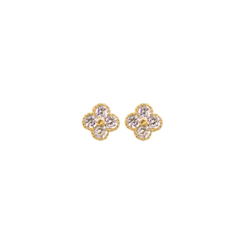Gold floral earrings on a white background