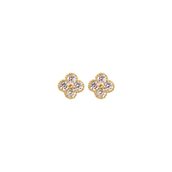 Gold floral earrings on a white background
