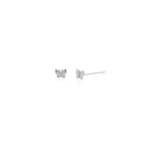Butterfly-shaped silver earrings on a white background