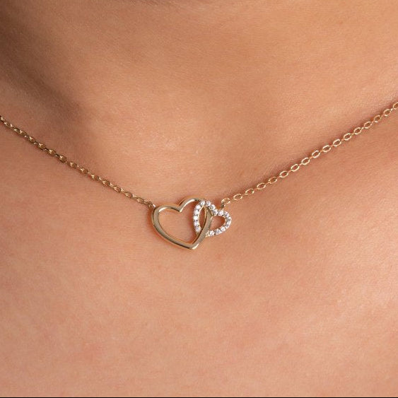 Gold necklace with a heart-shaped pendant on a person's neck