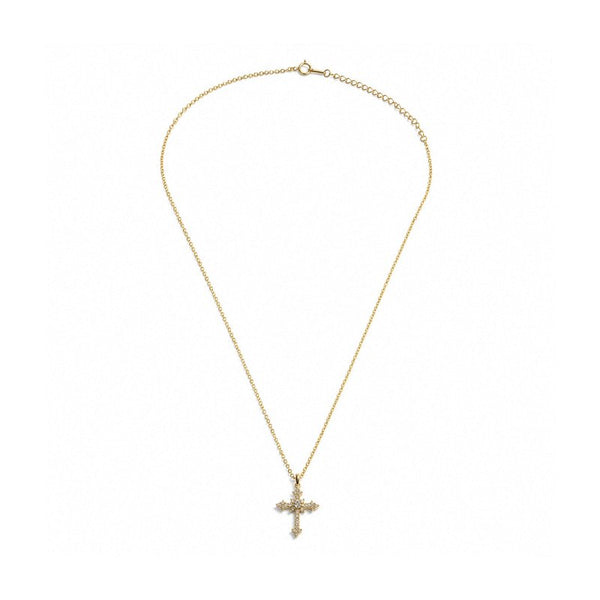 A delicate gold chain necklace with a small cross pendant adorned with clear crystals, displayed against a solid white background.