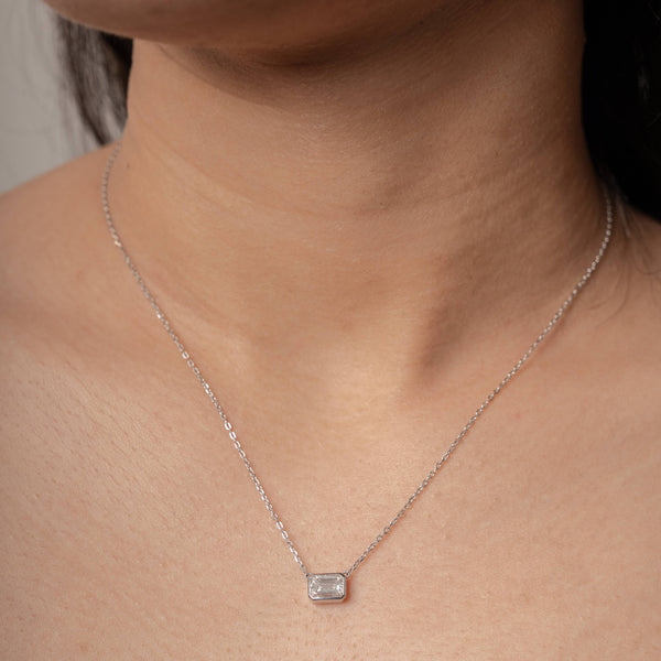 Gabriette Emerald Cut Bezel Necklace // Rhodium Plated Sterling Silver + 1ct Diamond