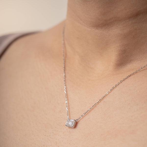 Gabriette Emerald Cut Bezel Necklace // Rhodium Plated Sterling Silver + 1ct Diamond