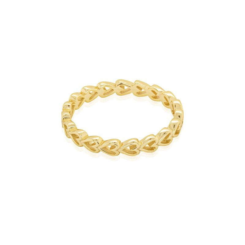 Gold ring with a braided heart design on a white background