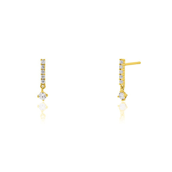 Gold earrings with small diamonds on a white background