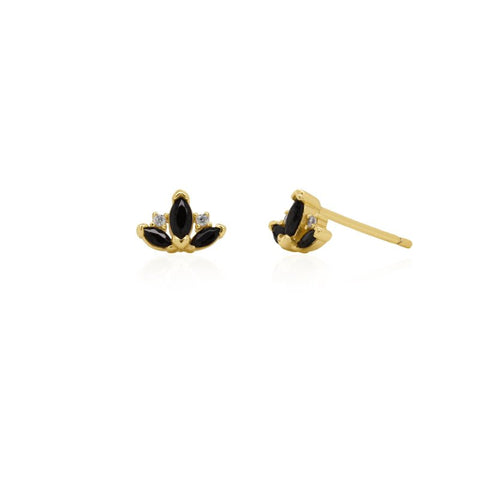 Gold and black earrings on a white background